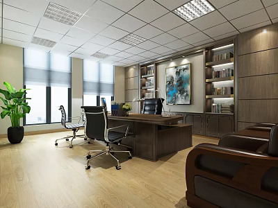 Modern Office Interior With Wooden Desk Ergonomic Chairs Bookshelves Green Plant And Decorative Painting 3d model