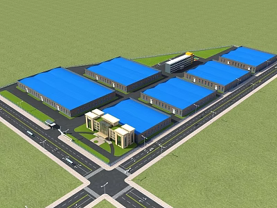 Industrial Factory Complex With Blue Roofs Multiple Buildings Green Areas And Roads 3d model