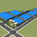 Industrial Factory Complex With Blue Roofs Multiple Buildings Green Areas And Roads