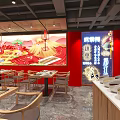 Modern Asian Restaurant Dining Area With Wooden Tables Chairs And Decorative Panels