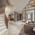 Spacious Modern Duplex Living Room Interior With Sofas Bookshelves Staircase And Chandelier
