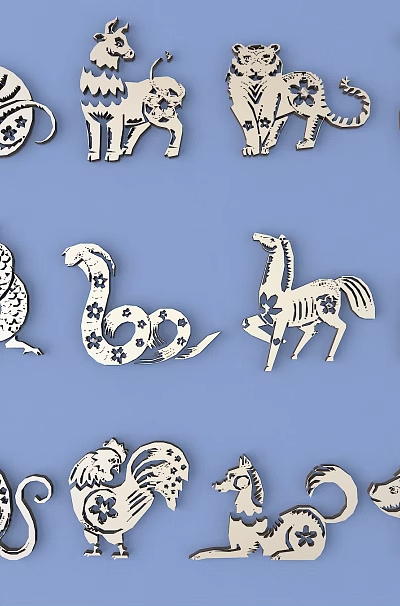 Carved Chinese Zodiac Animal Figures With Intricate Decorative Patterns On Blue Background 3d model