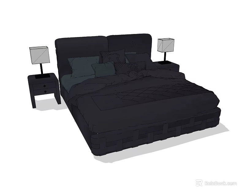 Modern Double Bed with Dark Upholstered Headboard Nightstands and Table Lamps 3d model 