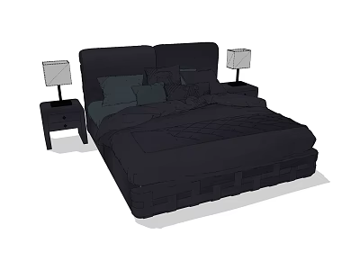 Modern Double Bed with Dark Upholstered Headboard Nightstands and Table Lamps 3d model
