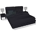Modern Double Bed with Dark Upholstered Headboard Nightstands and Table Lamps