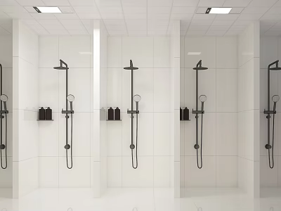 Modern Multi Stall Restroom with White Tiled Walls and Black Showerheads 3d model