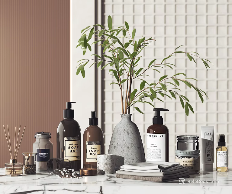 Modern Bathroom Accessories With Plants And Towels On Marble Counter 3d model 