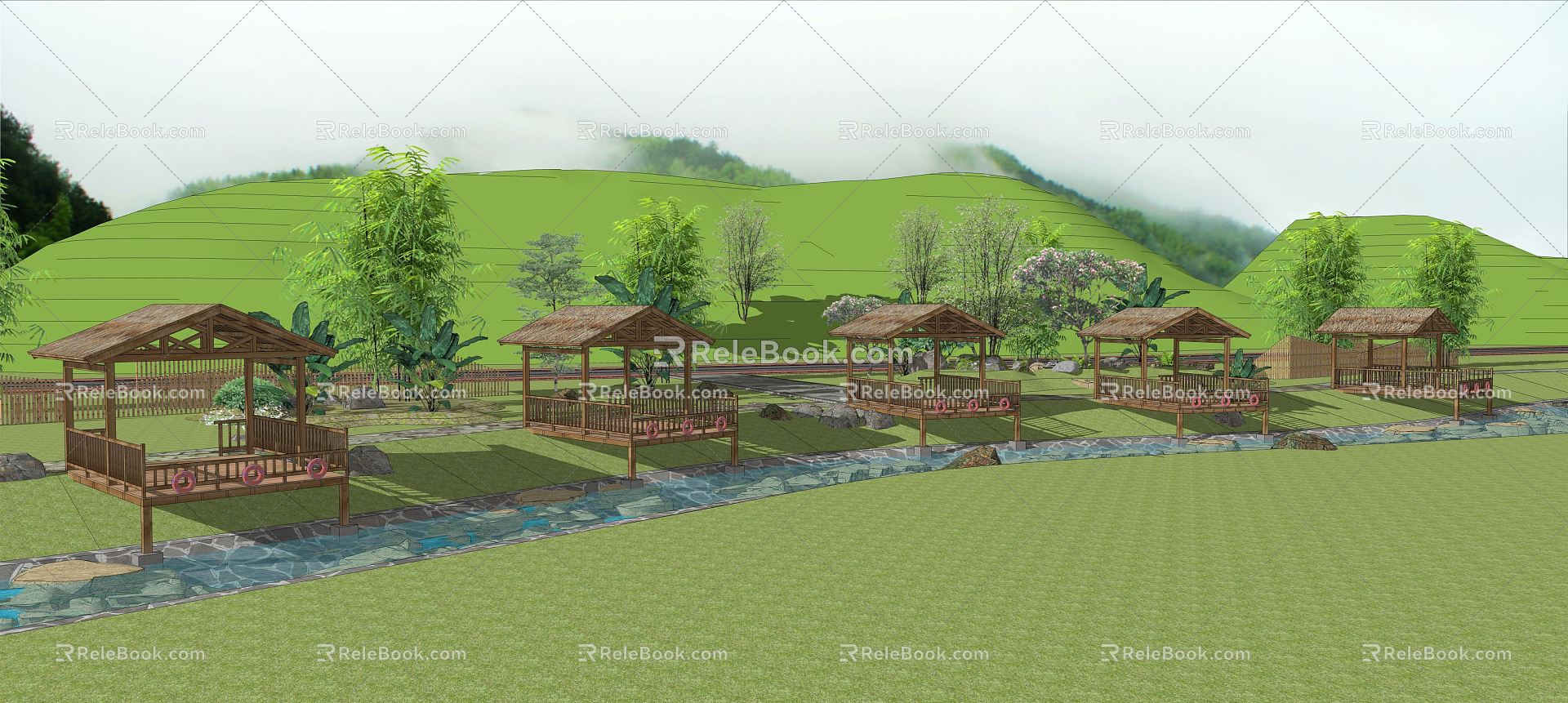 New Chinese-style Observation Deck Waterfront Fishing Wooden Platform 3d model