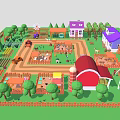 Colorful Cartoon Farm Scene Featuring Houses Barn Trees Animals Trucks Fences And Crops