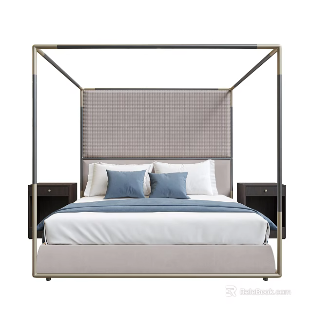 Double Bed With Four Poster Frame Woven Headboard Blue White Pillows And Side Nightstands 3d model 
