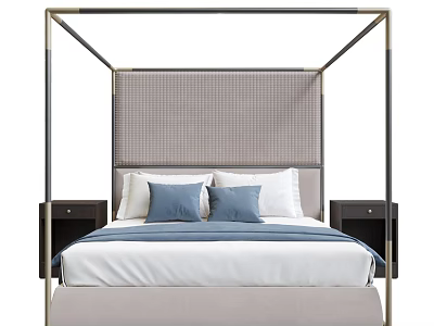 Double Bed With Four Poster Frame Woven Headboard Blue White Pillows And Side Nightstands 3d model