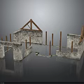 Building Construction Frame With Concrete Structure Wooden Beams And Metal Pillars