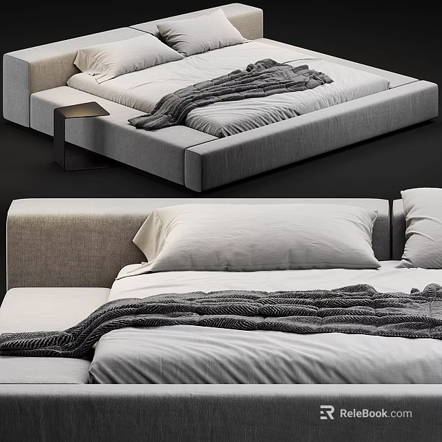 Modern Double Bed With Light Gray Frame White Pillows And Gray Blanket 3d model