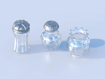 Transparent Glass Spice Jars With Silver Lids And Different Shapes For Kitchen 3d model