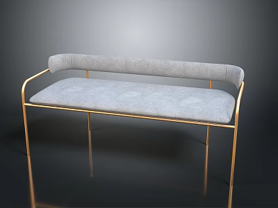 Stylish Gray Tufted Upholstered Bench With Gold Metal Frame And Backrest 3d model