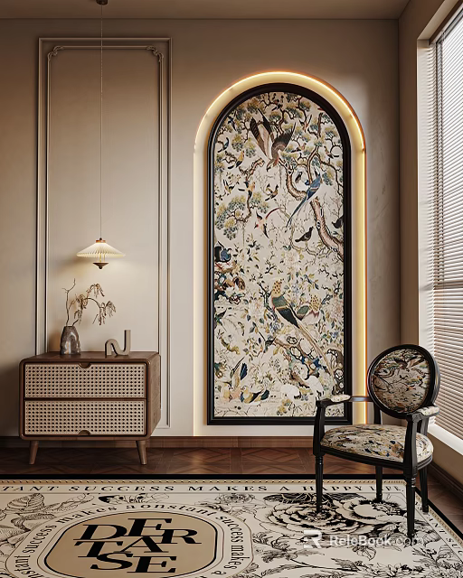 Botanical Painting in Arched Frame with Various Birds Flowers on Beige Wall and Woven Cabinet 3d model 