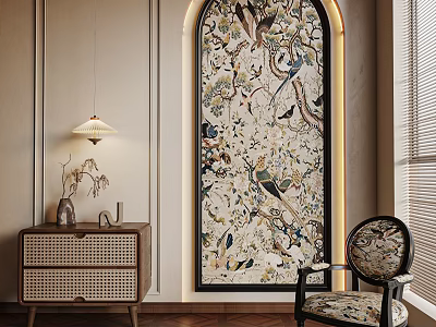 Botanical Painting in Arched Frame with Various Birds Flowers on Beige Wall and Woven Cabinet 3d model