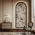 Botanical Painting in Arched Frame with Various Birds Flowers on Beige Wall and Woven Cabinet