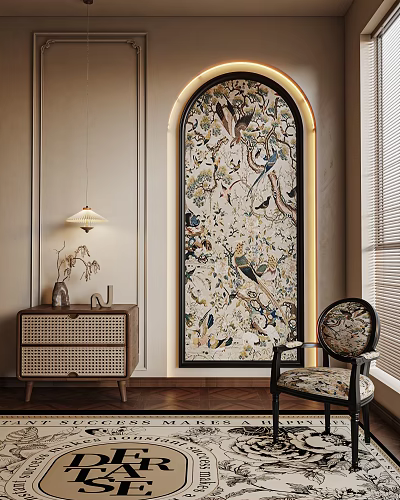 Botanical Painting in Arched Frame with Various Birds Flowers on Beige Wall and Woven Cabinet 3d model