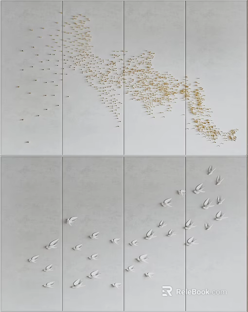 Modern Wall Decor on Gray Panels with Gold and White Bird Leaf Shapes 3d model 