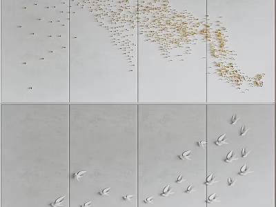 Modern Wall Decor on Gray Panels with Gold and White Bird Leaf Shapes 3d model