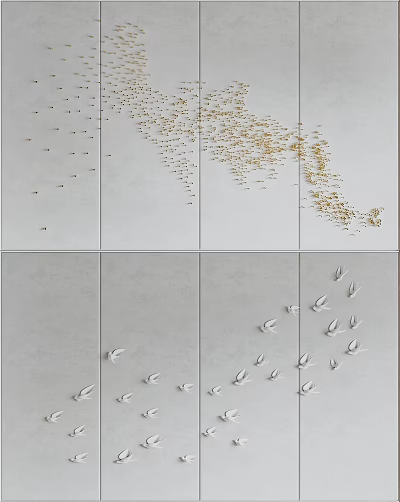 Modern Wall Decor on Gray Panels with Gold and White Bird Leaf Shapes 3d model