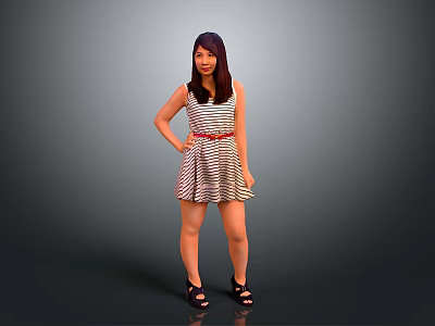 Woman With Purple Hair In Striped Dress Red Belt And Black Sandals Against Gray Background 3d model