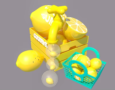 Vibrant Lemon Inflatable Decor with Faucet Shape Wooden Crate and Citrus Basket 3d model