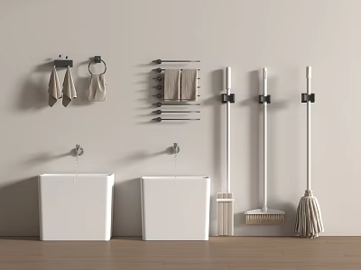 Bathroom Accessories With Two White Washbasins Towel Racks Towels Mop And Broom 3d model