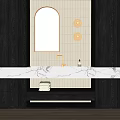 Modern Bathroom Vanity With Marble Countertop Mirror Wall Lights And Stacked Towels