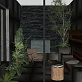 Tranquil Garden Retreat With Black Stone Wall Lush Plants Wooden Chair And Water Feature