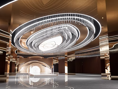 Luxurious Banquet Hall Interior With Circular Chandelier Golden Ceiling And Arched Doorways 3d model