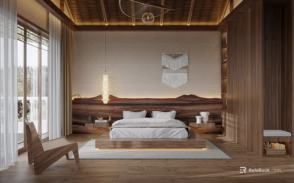 Warm Hotel Room Interior With Wooden Headboard Wall Large Windows Natural Views And White Bedding 3d model 