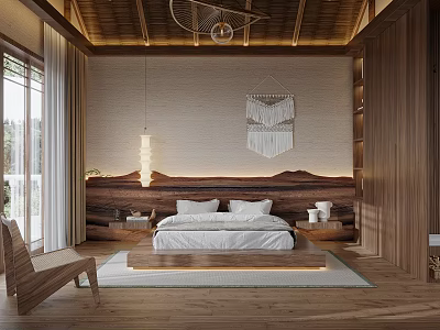 Warm Hotel Room Interior With Wooden Headboard Wall Large Windows Natural Views And White Bedding 3d model