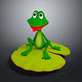 Cartoon Style Green Frog With Big Eyes Sitting On Yellow Lily Pads