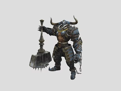 Fantasy Horned Warrior Game Character In Heavy Armor With Giant Hammer 3d model