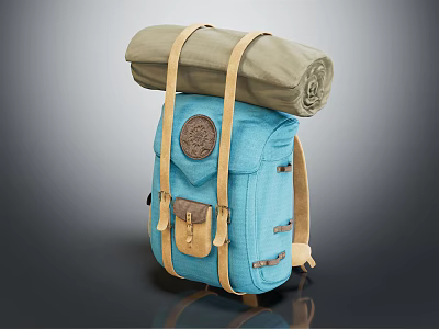 Blue Backpack With Beige Straps Rolled Green Item Round Emblem And Small Brown Pocket 3d model