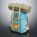 Blue Backpack With Beige Straps Rolled Green Item Round Emblem And Small Brown Pocket