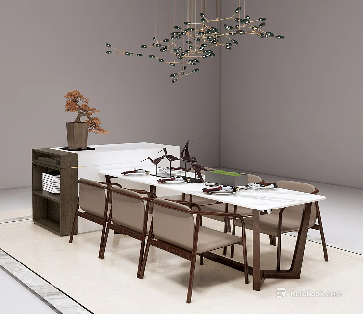 Modern Dining Table Set With White Tabletop Brown Padded Chairs And Branch Like Chandelier 3d model 