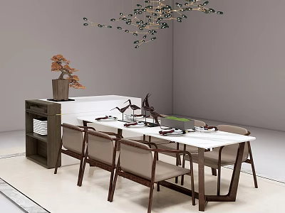 Modern Dining Table Set With White Tabletop Brown Padded Chairs And Branch Like Chandelier 3d model