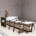 Modern Dining Table Set With White Tabletop Brown Padded Chairs And Branch Like Chandelier