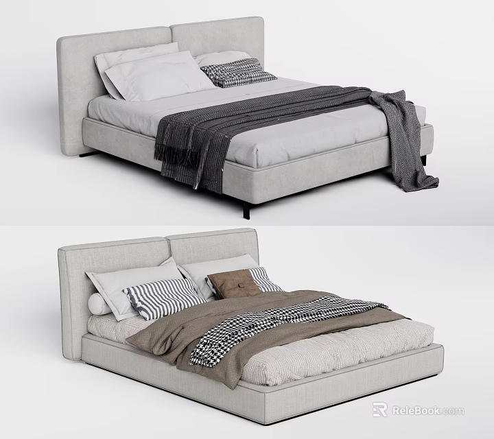 Modern Upholstered Double Bed With Multiple Pillows And Cozy Blankets 3d model