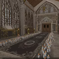 Ornate Church Interior With Stained Glass Windows Chandeliers Altar Cross And Candles