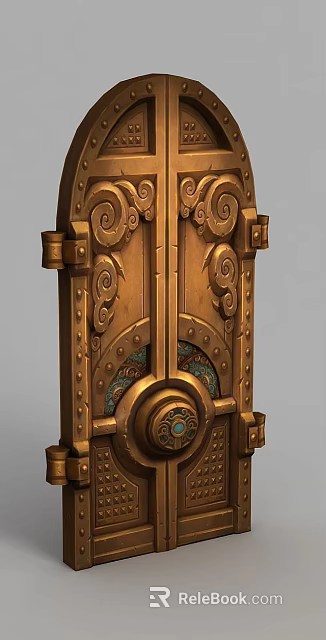 Intricate Tech Exhibition Hall Entrance Featuring Golden Spiral Patterns And Metal Decorative Details 3d model 