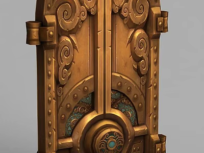 Intricate Tech Exhibition Hall Entrance Featuring Golden Spiral Patterns And Metal Decorative Details 3d model