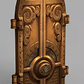 Intricate Tech Exhibition Hall Entrance Featuring Golden Spiral Patterns And Metal Decorative Details