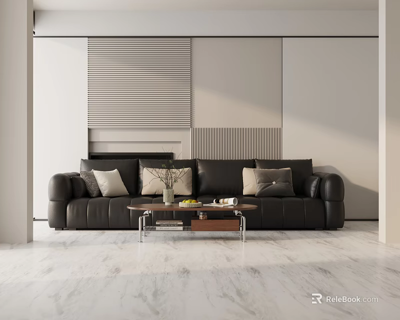 Modern Black Three Seater Sofa In Living Room With Pillows Coffee Table And Marble Floor 3d model 