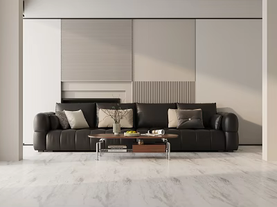 Modern Black Three Seater Sofa In Living Room With Pillows Coffee Table And Marble Floor 3d model