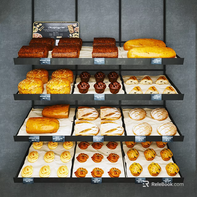 Bakery Display Shelves With Freshly Baked Assorted Bread Pastries Muffins And Cookies 3d model 