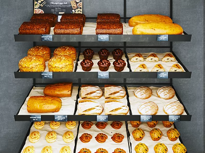 Bakery Display Shelves With Freshly Baked Assorted Bread Pastries Muffins And Cookies 3d model